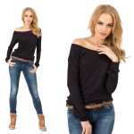 Damen Longshirt langarm T-Shirt mit Brusttasche ; Schwarz/XL/XXL 42/44