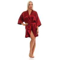 Damen Morgenmantel kurzer Kimono in Satin-Optik; Weinrot L