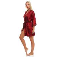Damen Morgenmantel kurzer Kimono in Satin-Optik; Weinrot L