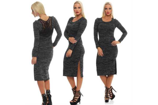 Damen Kleid mit Schlitz & Spitze Langarm Rundhals,