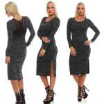 Damen Kleid mit Schlitz & Spitze Langarm Rundhals,