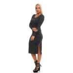Damen Kleid mit Schlitz & Spitze Langarm Rundhals,