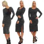Damen Kleid mit Schlitz & Spitze Langarm Rundhals,