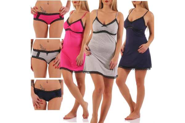 Damen kurzes Negligé mit Cups Nachtkleid Spitze mit Slip;