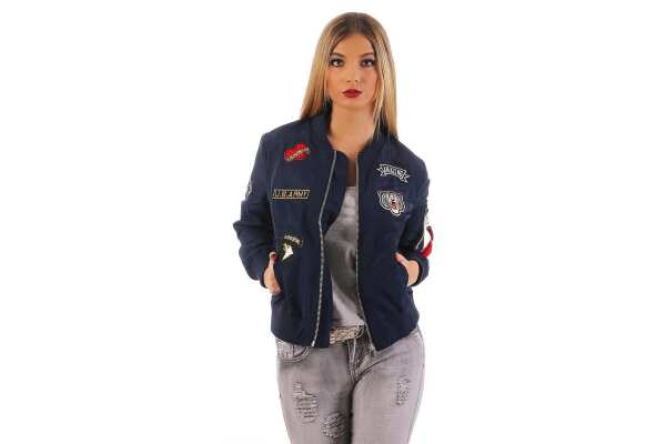 Damen Bomberjacke Jacke mit Patches Übergangsjacke; Dunkelblau M/L