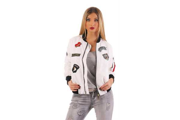 Damen Bomberjacke Jacke mit Patches Übergangsjacke; Ecru XS/S