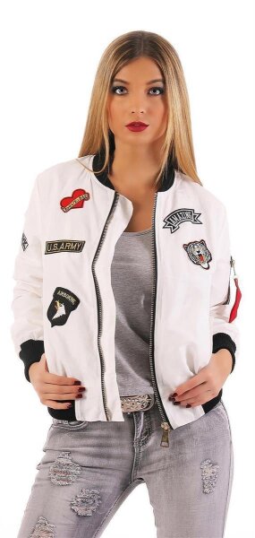 Damen Bomberjacke Jacke mit Patches Übergangsjacke; Ecru S/M