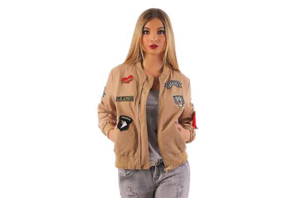 Damen Bomberjacke Jacke mit Patches Übergangsjacke; Beige S/M
