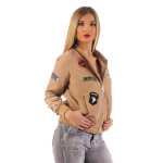 Damen Bomberjacke Jacke mit Patches Übergangsjacke; Beige S/M