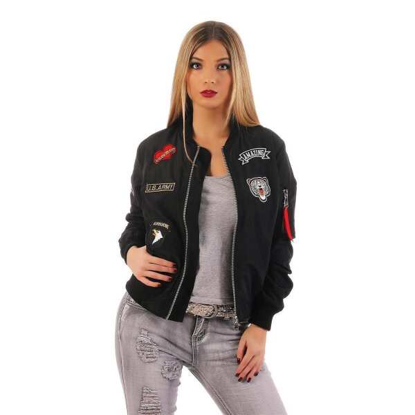 Damen Bomberjacke Jacke mit Patches Übergangsjacke; Schwarz XS/S