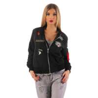 Damen Bomberjacke Jacke mit Patches Übergangsjacke; Schwarz XS/S