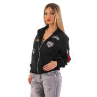 Damen Bomberjacke Jacke mit Patches Übergangsjacke; Schwarz XS/S