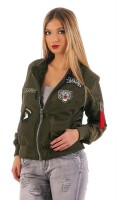 Damen Bomberjacke Jacke mit Patches Übergangsjacke; Khaki M/L
