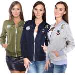 Damen Bomberjacke – Übergangsjacke mit Strickkragen & Patches aus Baumwolle