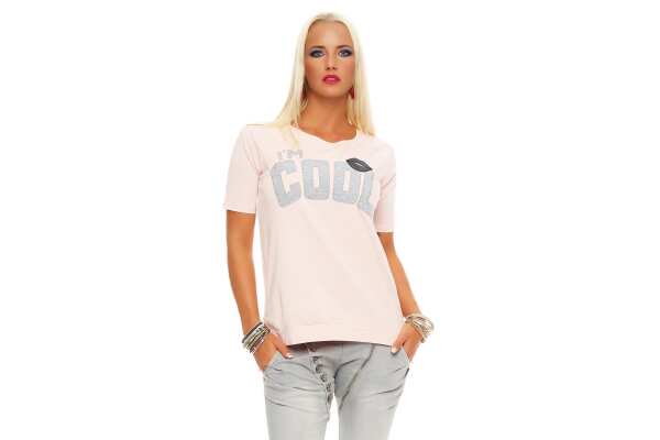 Damen IM COOL T-shirt Locker Rundhals Top Sommer Shirt Pastell mit Motiv silber Gr. S M 36 38, 1536