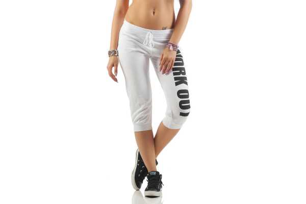 Damen 3/4 Jogginghose mit "WORK OUT"; Weiß-Schwarz XL/42