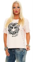Damen Tiger T-Shirt Locker Rundhals Pastell mit Motiv silber Perlen;