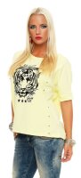 Damen Tiger T-Shirt Locker Rundhals Pastell mit Motiv silber Perlen; Gelb/S/M