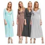 Damen Mittellanges Wickelkleid Raffungen V-Ausschnitt 3/4 Ärmel;