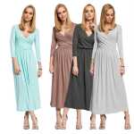 Damen Mittellanges Wickelkleid Raffungen V-Ausschnitt 3/4 Ärmel;