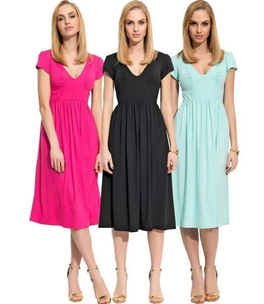 Damen Mittellanges Kleid Dress V-Ausschnitt mit Raffungen;