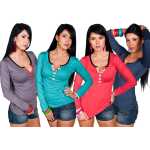Damen Langarm Shirt Bluse Sweatshirt mit V-Ausschnitt Knopfleiste Gr. S M 36 38, 1571