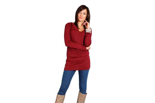 Damen Langarm Longshirt Bluse mit Rückenausschnitt;