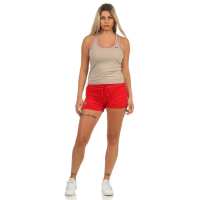 Damen 2 teiler Fitness Sport Short; Dunkelbeige/Rot M/L