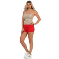 Damen 2 teiler Fitness Sport Short; Dunkelbeige/Rot M/L