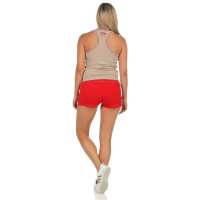 Damen 2 teiler Fitness Sport Short; Dunkelbeige/Rot M/L