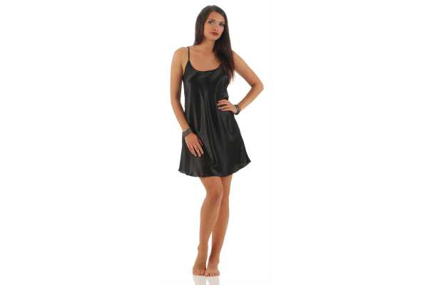 Damen kurzes Satin Negligé Nachtkleid Nachthemd Satin; Schwarz L