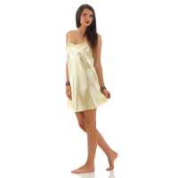 Damen kurzes Satin Negligé Nachtkleid Nachthemd Satin; Gelb S