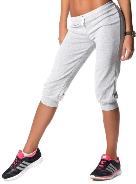 Damen Jogginghose 3/4 Capri Sport-Hose Baumwolle; Grau Meliert XS/34