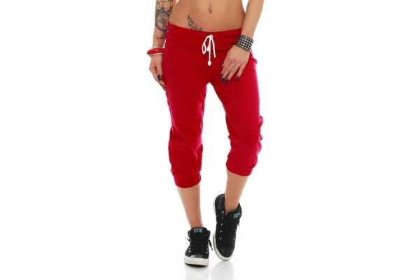 Damen Jogginghose 3/4 Capri Sport-Hose Baumwolle; Rot XS/34