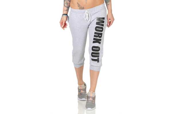 Damen 3/4 Jogginghose mit "WORK OUT"; Grau-Schwarz M/38