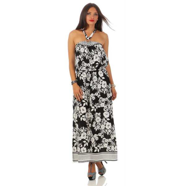 Damen Maxi Neckholder Kleid Sommerkleid mit Blumenmuster; Schwarz-Weiß/S/M