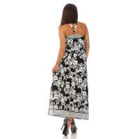 Damen Maxi Neckholder Kleid Sommerkleid mit Blumenmuster; Schwarz-Weiß/S/M