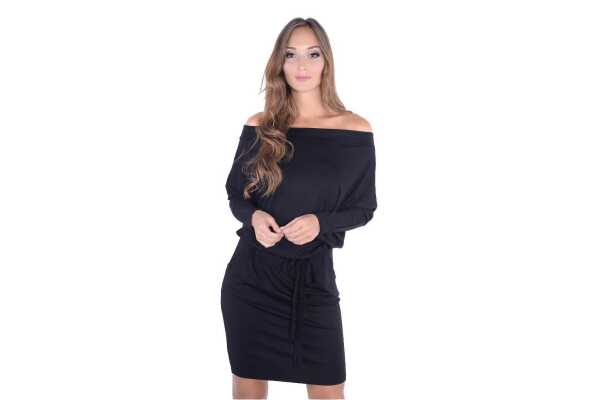 Kleid Knielang mit Bindegürtel Langarm; Schwarz L/XL