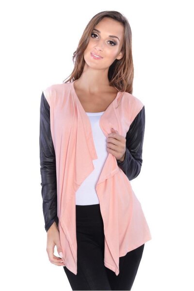 Damen Cardigan mit PU-Ärmeln Jacke Bolero; Lachs 2XL/3XL