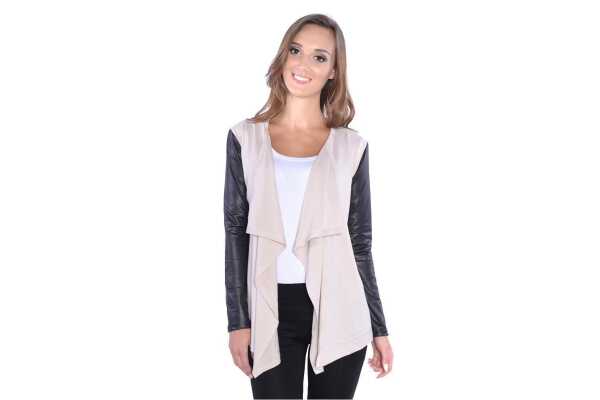Damen Cardigan mit PU-Ärmeln Jacke Bolero; Beige 2XL/3XL