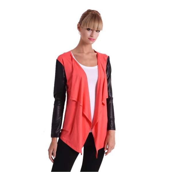 Damen Cardigan mit PU-Ärmeln Jacke Bolero; Koralle L/XL