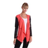 Damen Cardigan mit PU-Ärmeln Jacke Bolero; Koralle L/XL