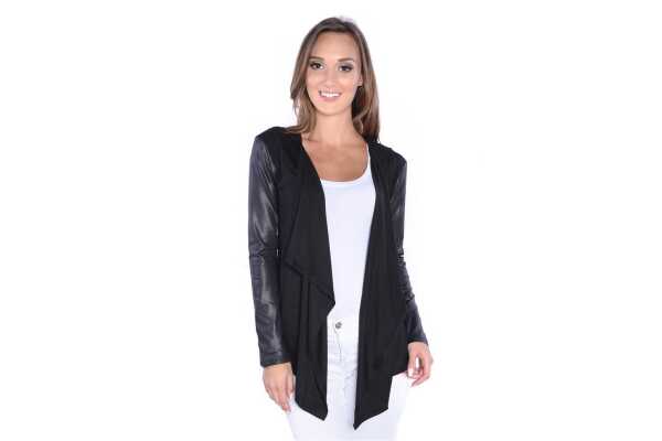Damen Cardigan mit PU-Ärmeln Jacke Bolero; Schwarz S/M