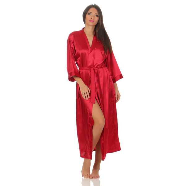 Damen langes Kimono Nachtmantel Seidenrobe Morgenmantel,  Weinrot L