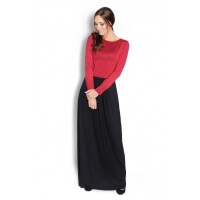 Damen Langarm Maxikleid Herbstkleid Kleid Lang Abend Maxi Kleider, Bordo/Schwarz/L/XL