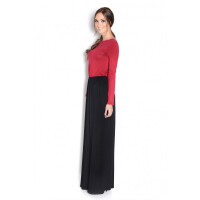 Damen Langarm Maxikleid Herbstkleid Kleid Lang Abend Maxi Kleider, Bordo/Schwarz/L/XL