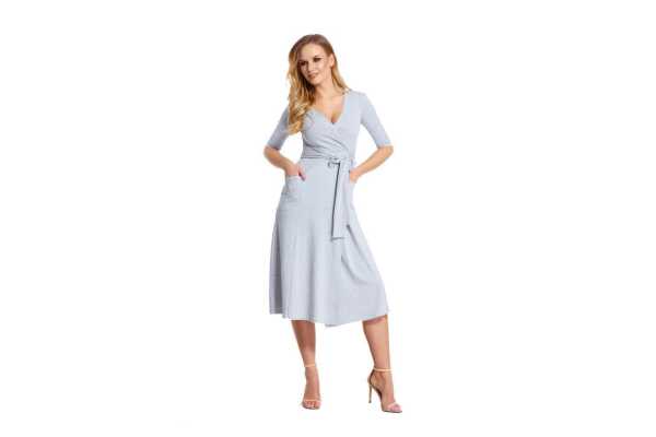 Damen Kleid 3/4 Arm Abendkleid mit V-Ausschnitt Cocktailkleid lang; Graumeliert/2XL/3XL