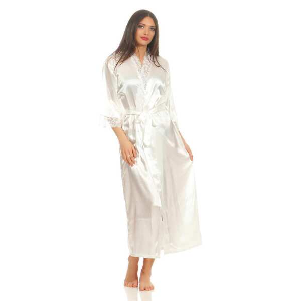 Damen langes Kimono Seidenrobe Morgenmantel; Ecru XL