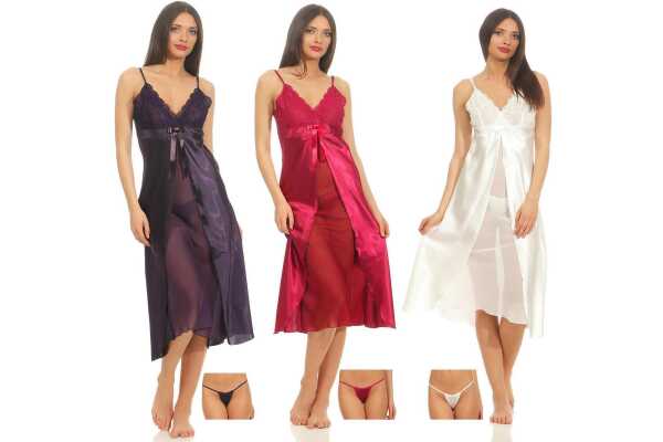 Damen langes Satin Negligé Nachtkleid mit Spitze + G-String