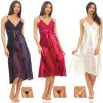 Damen langes Satin Negligé Nachtkleid mit Spitze +...